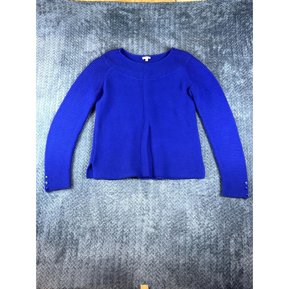 Talbots Sweater Womens Small Royal Blue Ribbed Knit Cotton Boat Neck Side Slit